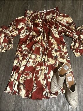 Off-Shoulder Midi Dress in Burgundy and Cream Floral